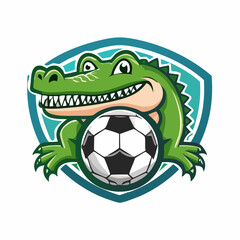 Cartoon crocodile holding soccer ball inside shield emblem