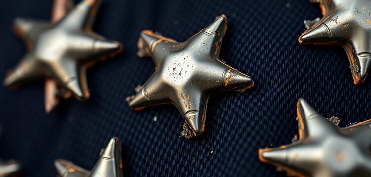 Close-up of worn, distressed star-shaped metal studs on dark fabric, pattern, photography