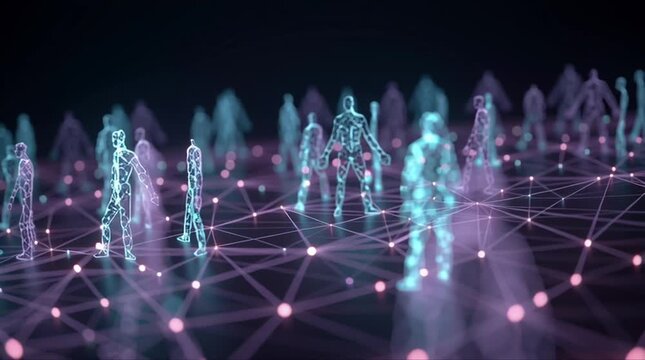 Futuristic network human icons connected glowing lines, global workforce pulse. Light waves travel network heartbeat, nodes flicker activity. Dark defocused cinematic depth, holographic glow, teal