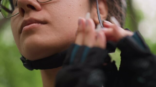 Rider Secures Helmet Strap Properly, Calm Outdoor Scene With Rider Adjusting Helmet And Straps Carefully, Detailed View Of Rider Ensuring Helmet Is Fastened Correctly Before Starting Ride