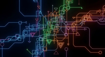 A vibrant digital illustration showcasing interconnected, glowing lines and geometric shapes on a dark background, evoking a tech aesthetic