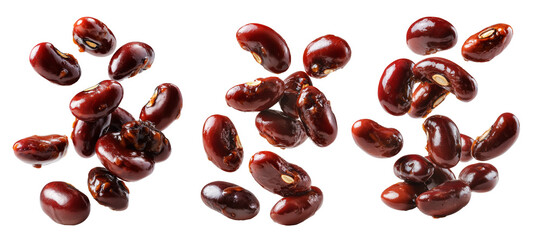 Cooked red kidney beans floating in mid-air, isolated on white background, Boston Baked Beans slow-cooked with molasses and pork