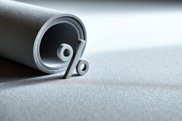 Metallic percent sign on textured gray yoga mat. Concept of wellness, fitness, discounts and financial balance in modern lifestyle.