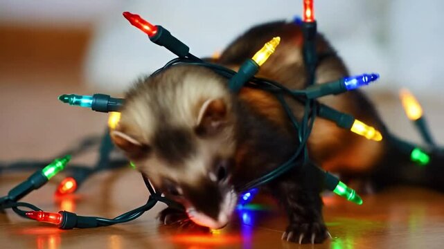 A ferret wrapped in colorful Christmas lights in a festive indoor setting.