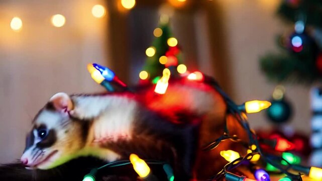 A ferret wrapped in colorful Christmas lights in a festive indoor setting.