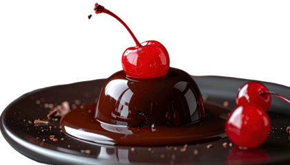 Gourmet dessert rich chocolate dome with cherry garnish on dark plate
