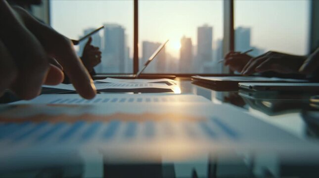 Faceless senior executives early morning boardroom meeting, silhouettes soft sunrise light glass windows, blurred city skyline close-ups of hands pointing financial charts tablets, reflective glass