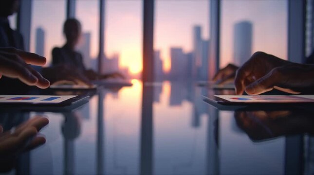 Faceless senior executives early morning boardroom meeting, silhouettes soft sunrise light glass windows, blurred city skyline close-ups of hands pointing financial charts tablets, reflective glass