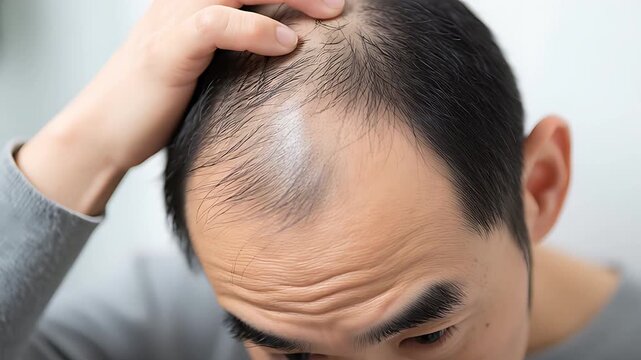 薄毛を気にして頭を触る男性、鏡の前での悩みと不安