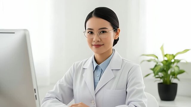 デスクでパソコン操作をする女性医師、笑顔で患者を迎える準備