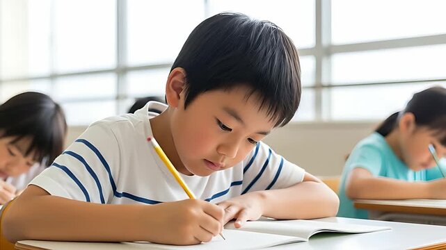 真剣にノートに書き込む男の子、学習意欲と集中力