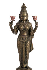 Obraz premium Dark antique bronze statue of Goddess Lakshmi holding lotus flowers, featuring traditional drapery and oxidized texture.