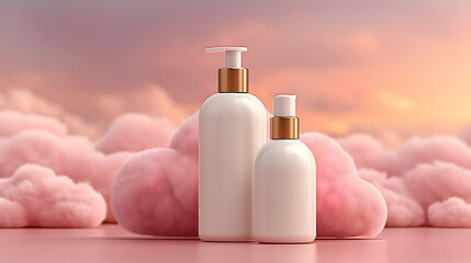 Two elegant white cosmetic bottles with gold accents stand among soft pink clouds AI Generated