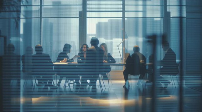 Faceless businessmen group meeting seen glass walls reflections, blurred silhouettes, modern corporate office interior, slow parallax camera movement, abstract corporate atmosphere, confidential