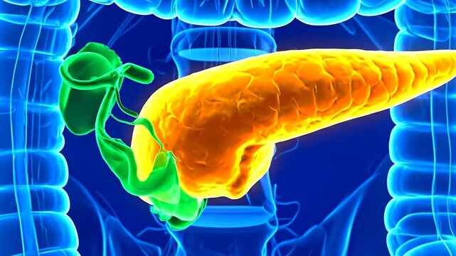 A medical illustration showcasing the human pancreas within the abdomen, rendered in vibrant colors