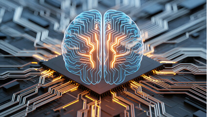 Glowing blue and orange brain on futuristic circuit board background