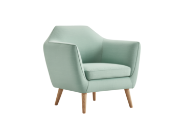 Modern green armchair with wooden legs isolated on transparent background