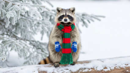 Raccoon is standing on a snowy log wearing a red and green scarf and blue mittens. Animal in winter clothes.