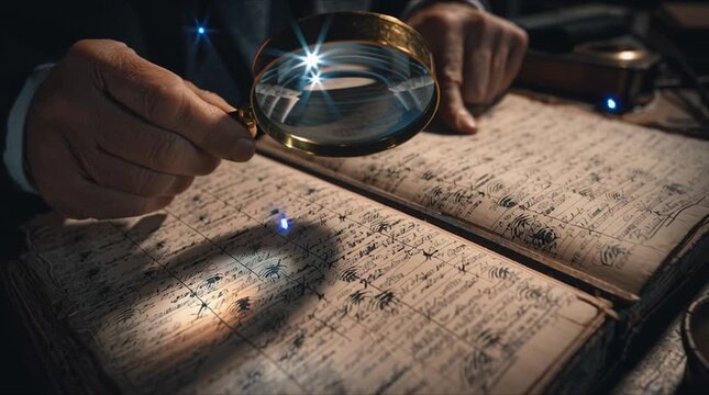 auditor inspecting old financial ledger magnifying glass, shadows, glowing fingerprints hidden fraud markers, cinematic suspense lighting, forensic accounting investigation, financial discrepancy dete
