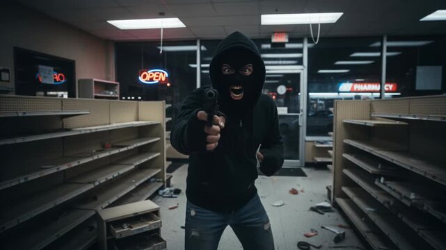 A masked individual enters a convenience store late at night and threatens the staff with a firearm. The tense atmosphere escalates as demands are made for cash and valuables