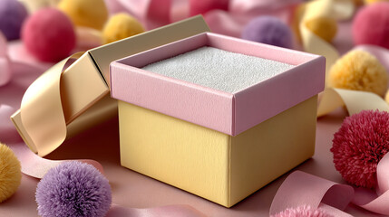 Open gift box with colorful pom poms and ribbons AI Generated
