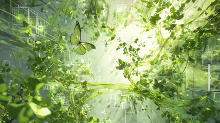 A vibrant green butterfly flutters amidst lush foliage and digital elements. This captivating image showcases a butterfly gracefully flying through a verdant, digitally enhanced environment