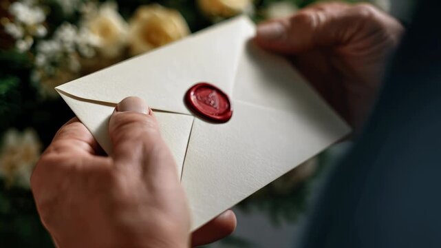 A person carefully seals a letter with red wax, preparing it for delivery. The background features beautiful flowers, adding a touch of elegance to the moment