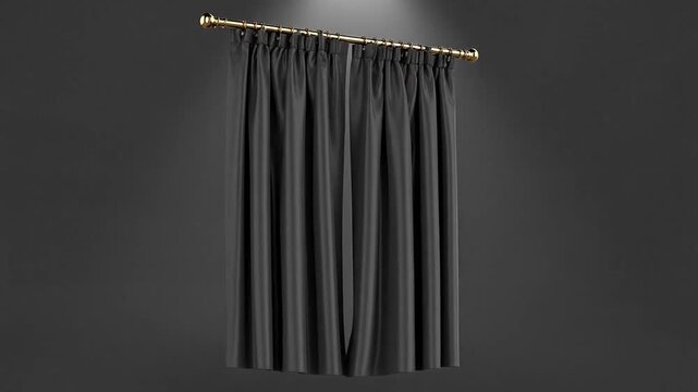 Rendered dark gray curtains draped from a golden rod against a gradient gray background