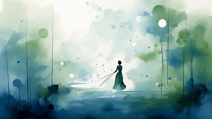 Art work background, silhouette of a woman on a colored watercolor abstract landscape background