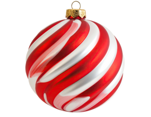 Festive, round ornament with red and white spiral design, isolated