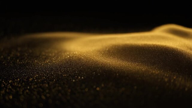 Close up golden particles floating in dark background with dynamic bokeh light and shimmering abstract atmosphere