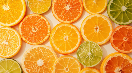 Obraz premium Colorful citrus fruit slices arranged in a seamless pattern, creating a vibrant fresh food background perfect for summer design, nutrition themes, and modern visuals