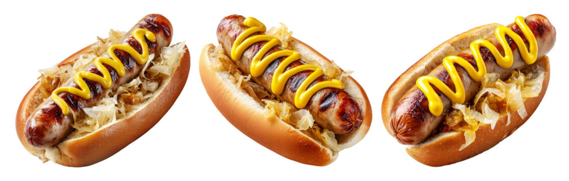 Juicy grilled midwest bratwurst sausage in soft bun with sauerkraut and mustard on top, isolated on white transparent background