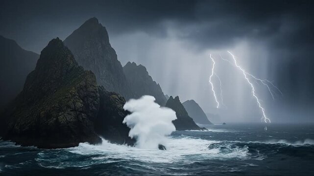 Dramatic Thunderstorms Over Mountainous Seascape During a Severe Storm with Lightning and Rough