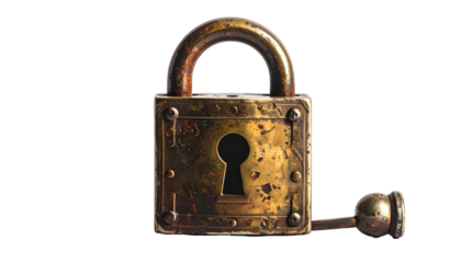 Antique, detailed lock with key. Heavy metal, vintage, and rusty