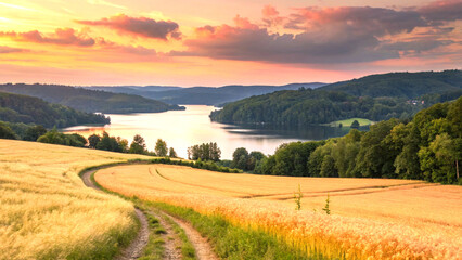 Serene sunset over lake and fields