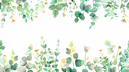 A horizontal frame of green branches, leaves and flowers on a white background is a copy space, in a watercolor design