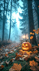 Glowing jack-o-lantern in forest night