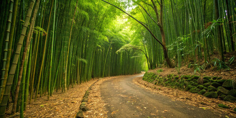 Lush green bamboo forest path