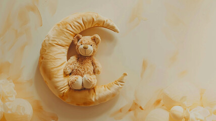 plush bear sitting on a crescent moon, art for children on a white background, lullaby goodnight backdrop