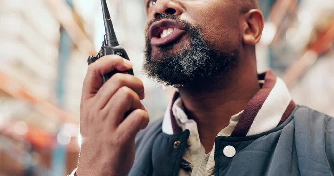 Hand, logistics and man with radio in warehouse for inventory coordination, talking and flare. Mature person, shipping worker and communication for supply chain, distribution feedback or low angle