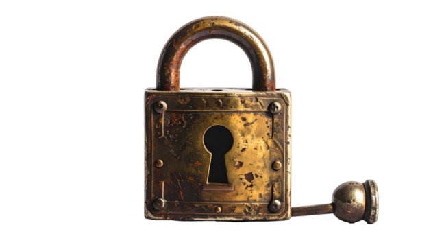 Antique, detailed lock with key. Heavy metal, vintage, and rusty - Powered by Adobe