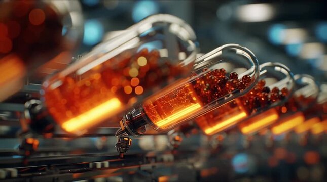 Abstract molecular merging real insulin pen assembly line, molecules crystallizing medication, flowing tubes, robotic arms pens conveyor belts, glowing weight loss drug liquid, cinematic lighting, 4k
