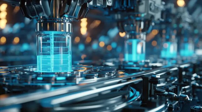 Futuristic pharmaceutical factory assembly line, robotic arms assembling insulin injector pens, holographic displays dosage data, glowing weight loss medication flowing pens, advanced AI monitoring 4k
