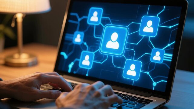 Financial technology connects employee data on laptop network for online payroll automation, salary management with secure digital systems improving business