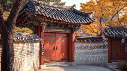 Fototapeta premium Traditional Hanok gate in autumn scenery.