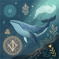 Mystical blue whale swimming in a cosmic ocean surrounded by glowing ancient symbols and underwater flora.