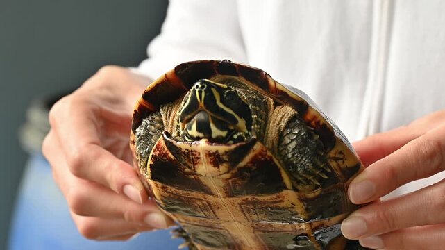 Someone holding a Mekong snail-eating turtle in hands. The Snail-eating Turtle has a large head and strong jaws, which enables it to crush the shells of snails.