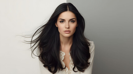 Naklejka premium Studio portrait of a beautiful woman with long dark hair against neutral background, expressing confidence, elegance, natural beauty, and modern fashion style