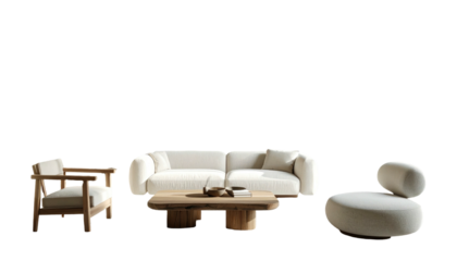 Modern, minimalist living room furniture set, neutral tones, light wood, and cozy